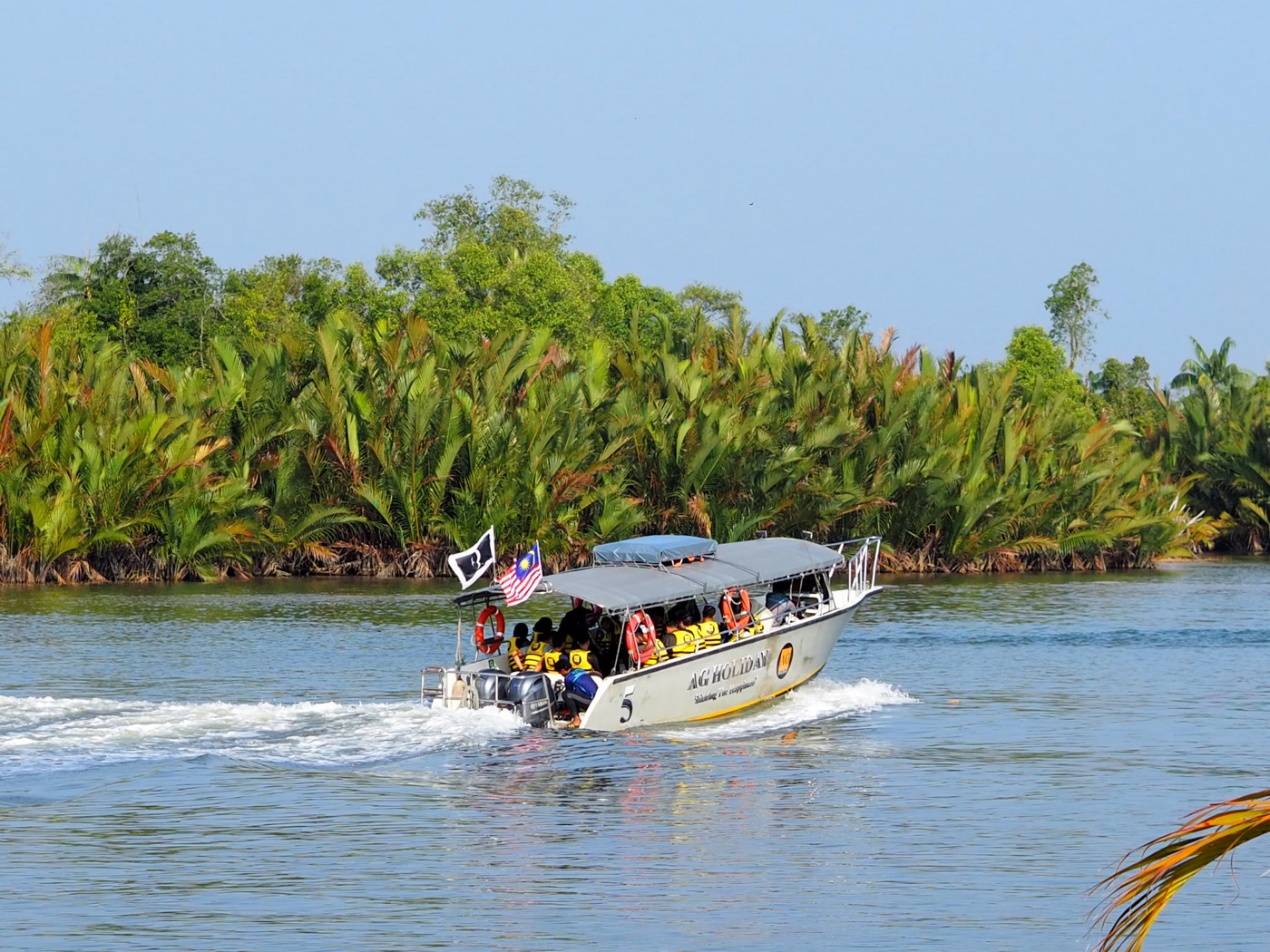Bot AG Holiday membawa peserta berjaket keselamatan kuning menyusur sungai berpagar pokok nipah sebelum keluar ke laut